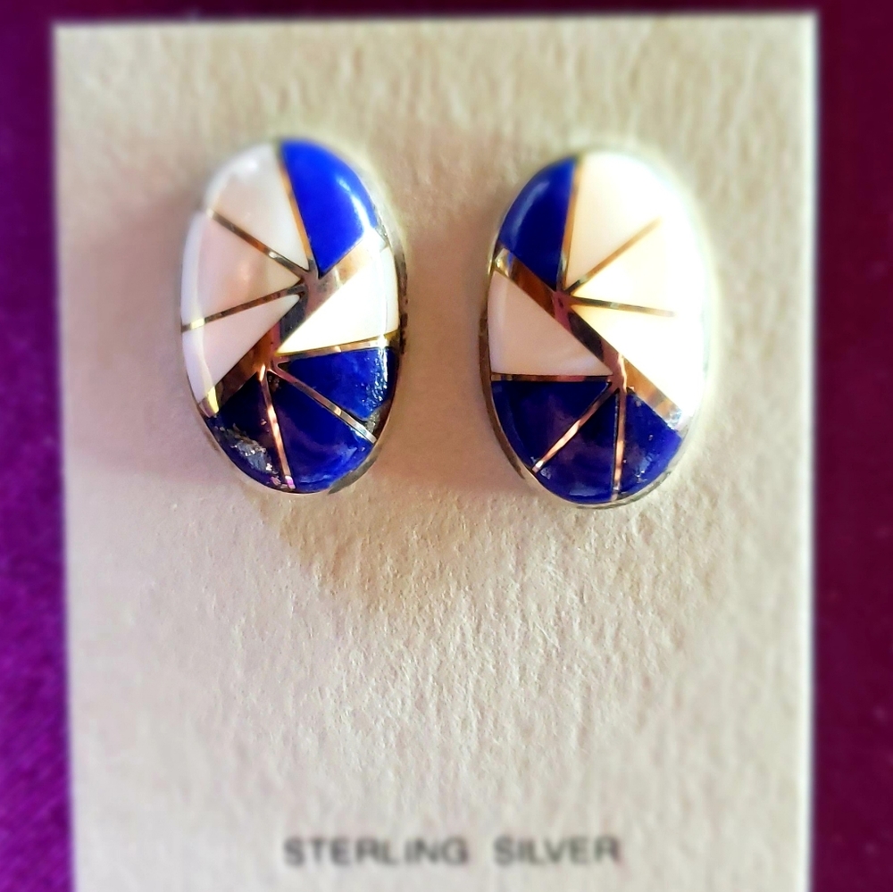 KALLESTEWA Designer Earrings Zuni Lapis Mother of Pearl Sterling Signed - NWT